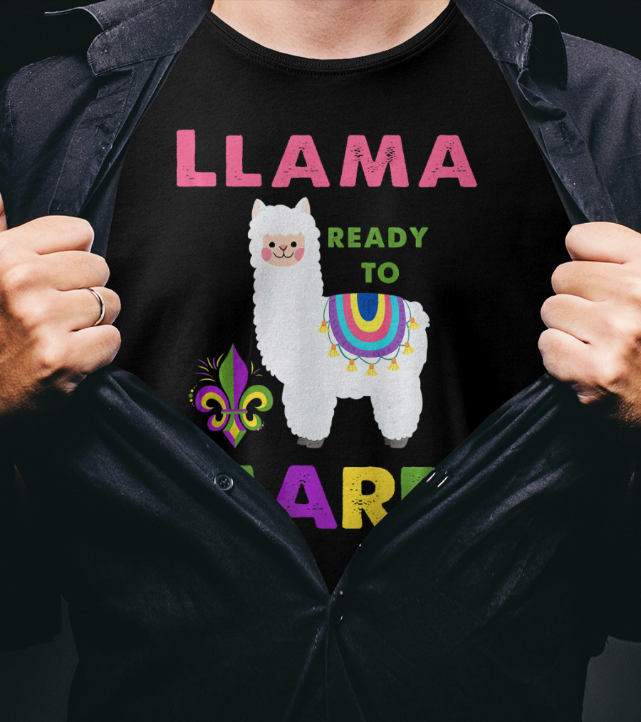 Llama Ready To Mardi Gras Fleur De Lis Festival Colors T-Shirt