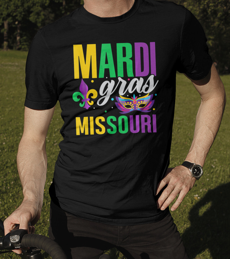 Mardi Gras Missouri Parade Beads Fleur-de-Lis Mask T-Shirt