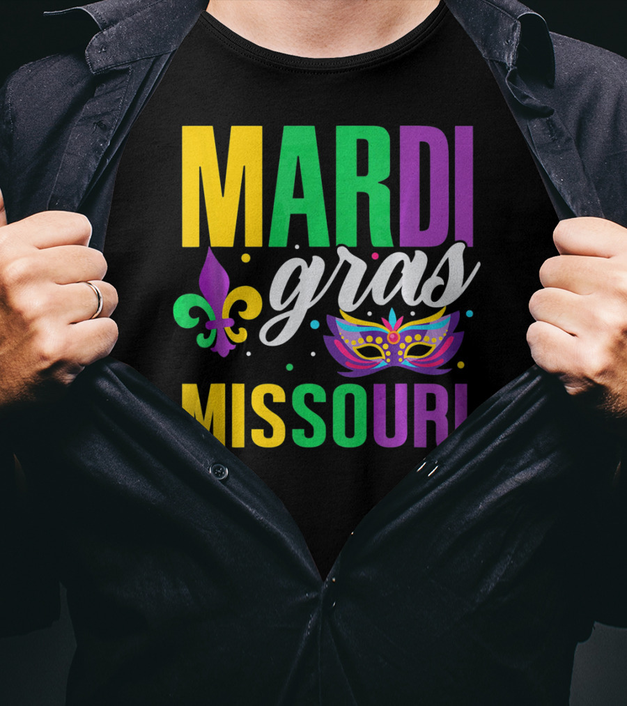 Mardi Gras Missouri Parade Beads Fleur-de-Lis Mask T-Shirt