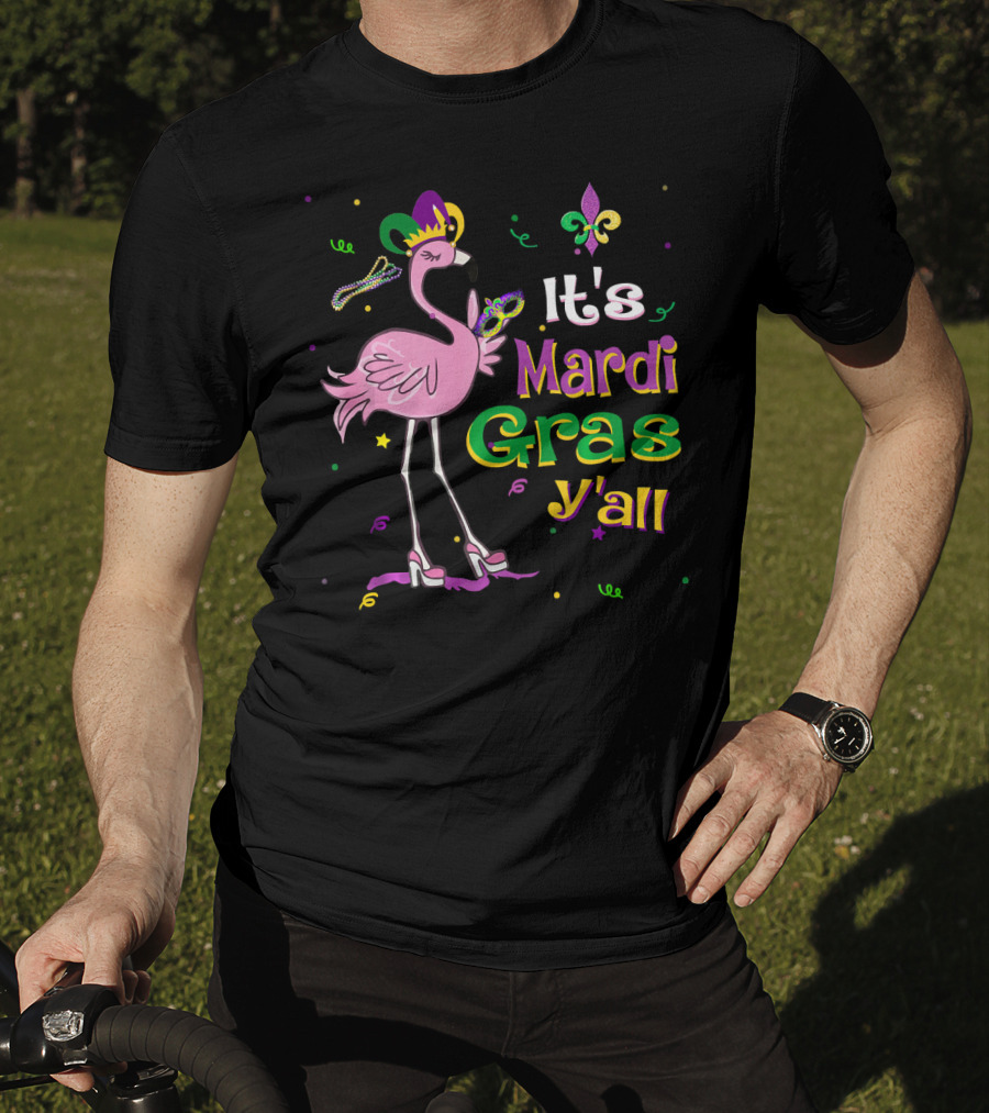 It's Mardi Gras Y'all Flamingo Wearing Jester Hat Fleur-de-Lis T-Shirt