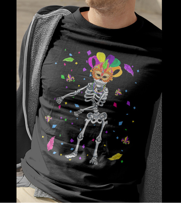 Flossing Skeleton Mardi Gras Jester Hat Beads Masquerade Mask T-Shirt