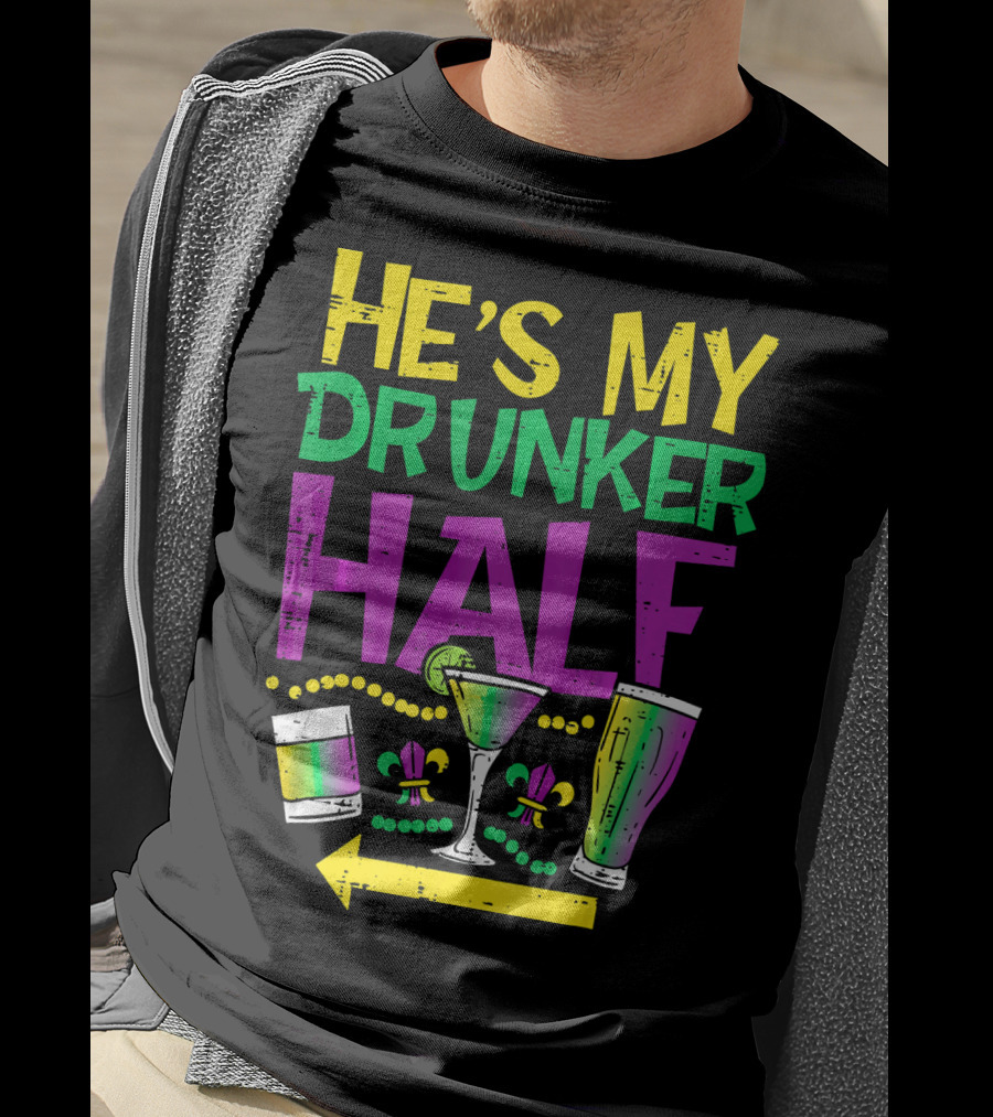 He's My Drunker Half Mardi Gras Couple Matching Party Drink Icons T-Shirt