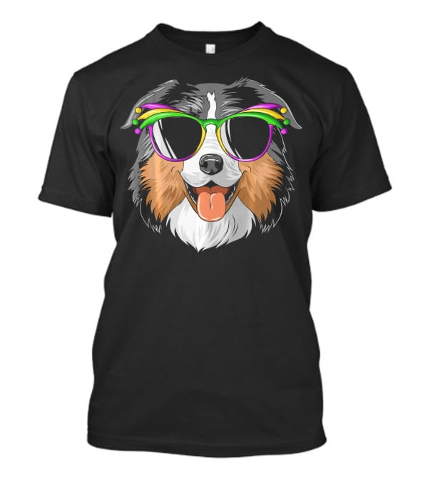 Australian Shepherd Dog Wearing Mardi Gras Festival Sunglasses T-Shirt