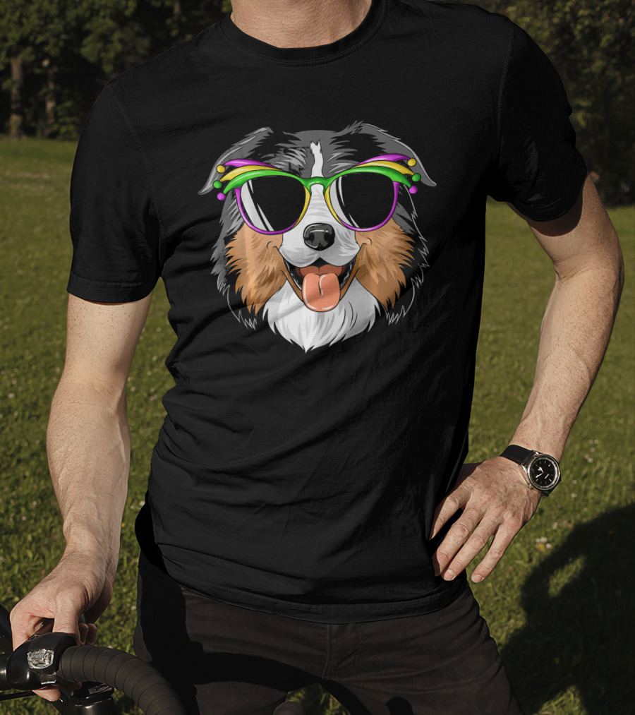 Australian Shepherd Dog Wearing Mardi Gras Festival Sunglasses T-Shirt