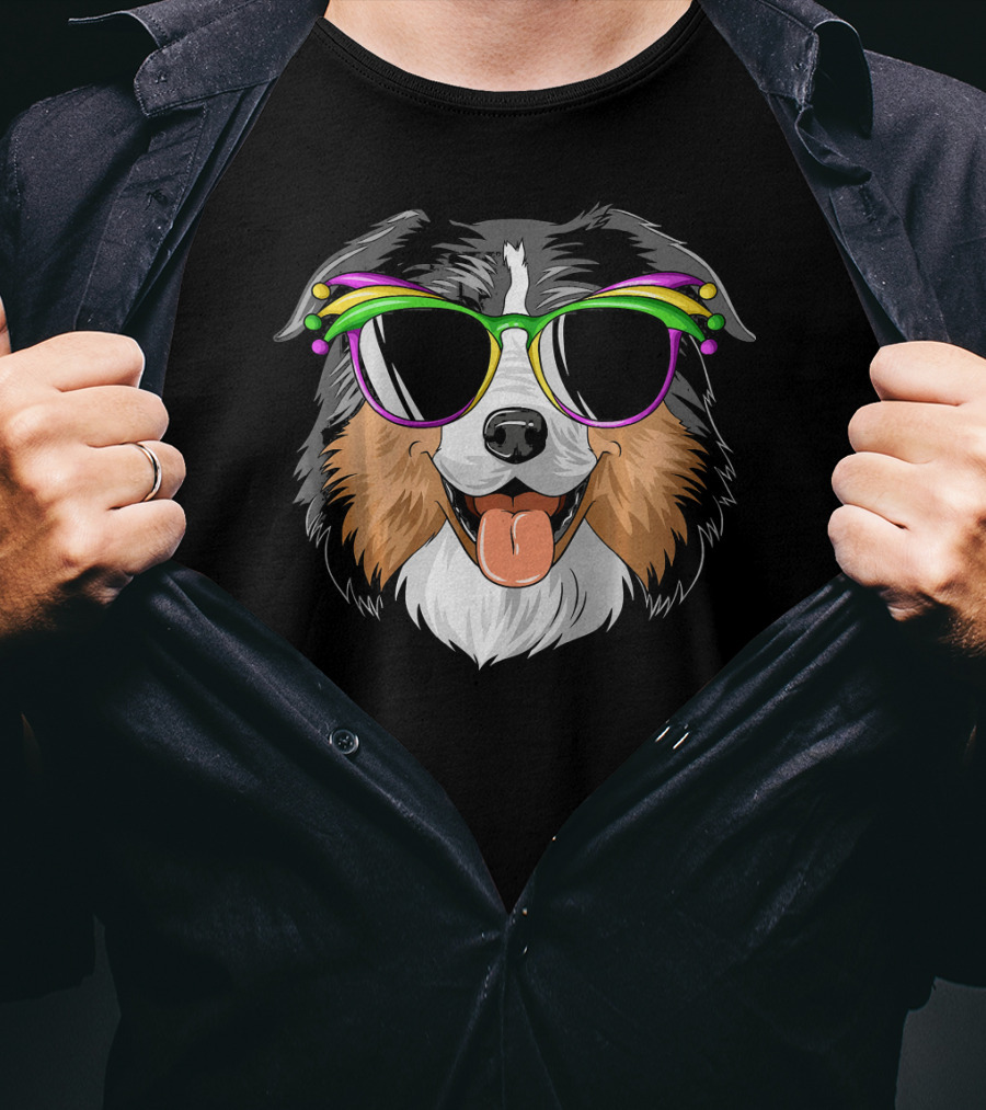 Australian Shepherd Dog Wearing Mardi Gras Festival Sunglasses T-Shirt