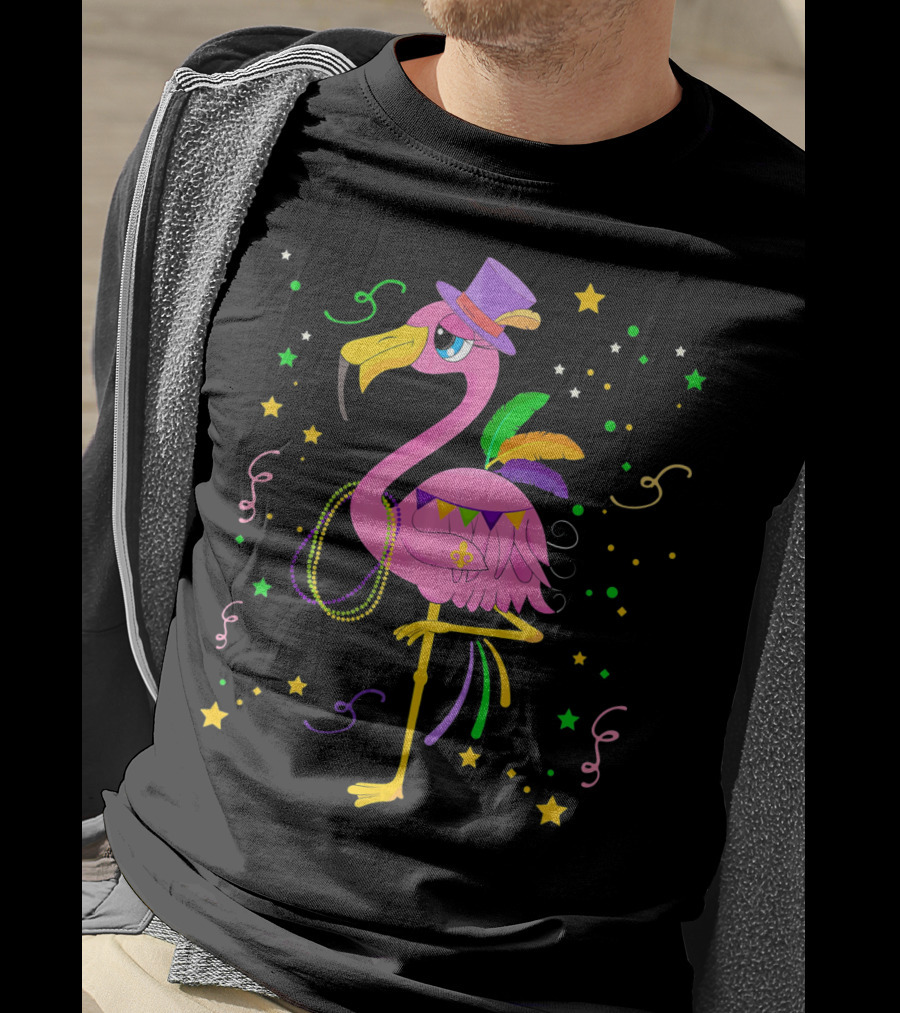 Mardi Gras Flamingo Carnival Festive Celebration With Colorful Beads And Stars T-Shirt