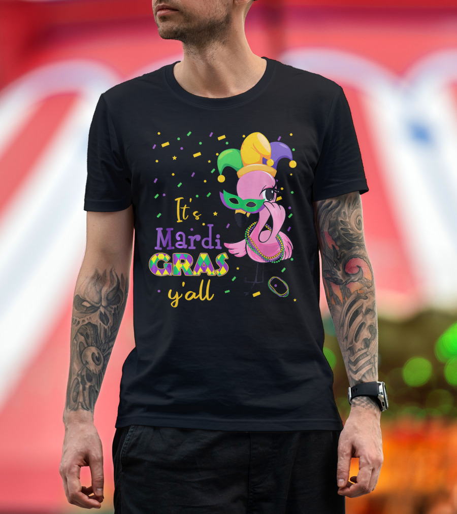 Its Mardi Gras Yall Cute Flamingo Jester Mask Beads T-Shirt
