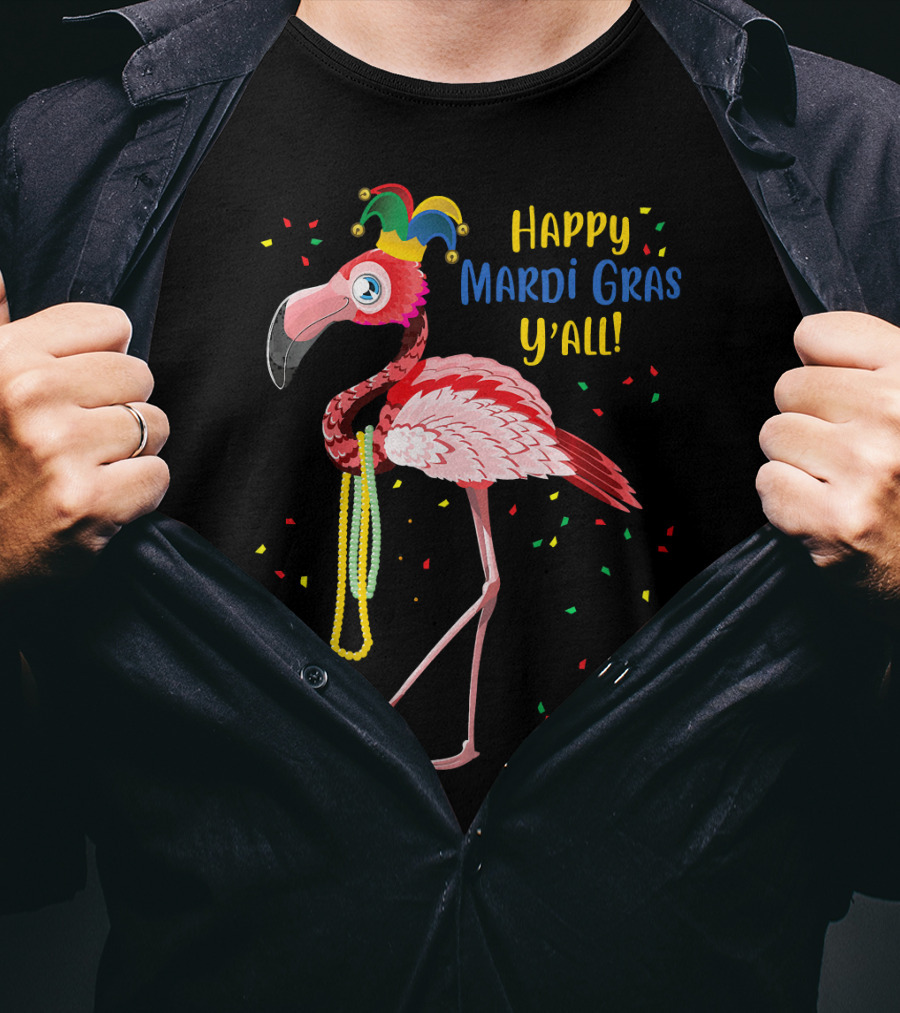 Happy Mardi Gras Y'all Flamingo Jester Hat Fat Tuesday T-Shirt