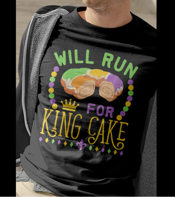 Will Run For King Cake Mardi Gras Festival Beads And Pastry Fleur-de-lis Colors T-Shirt