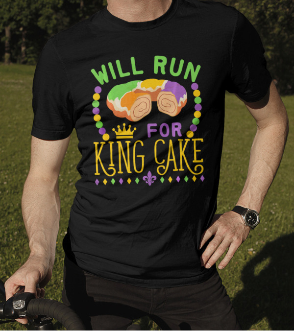 Will Run For King Cake Mardi Gras Festival Beads And Pastry Fleur-de-lis Colors T-Shirt