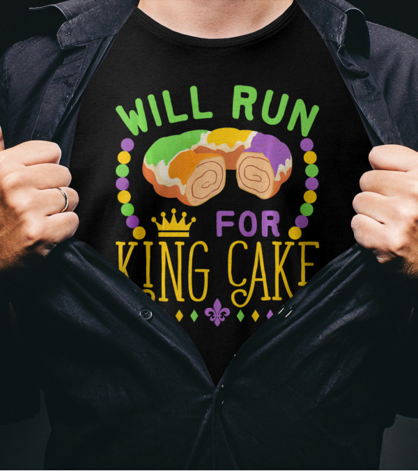 Will Run For King Cake Mardi Gras Festival Beads And Pastry Fleur-de-lis Colors T-Shirt