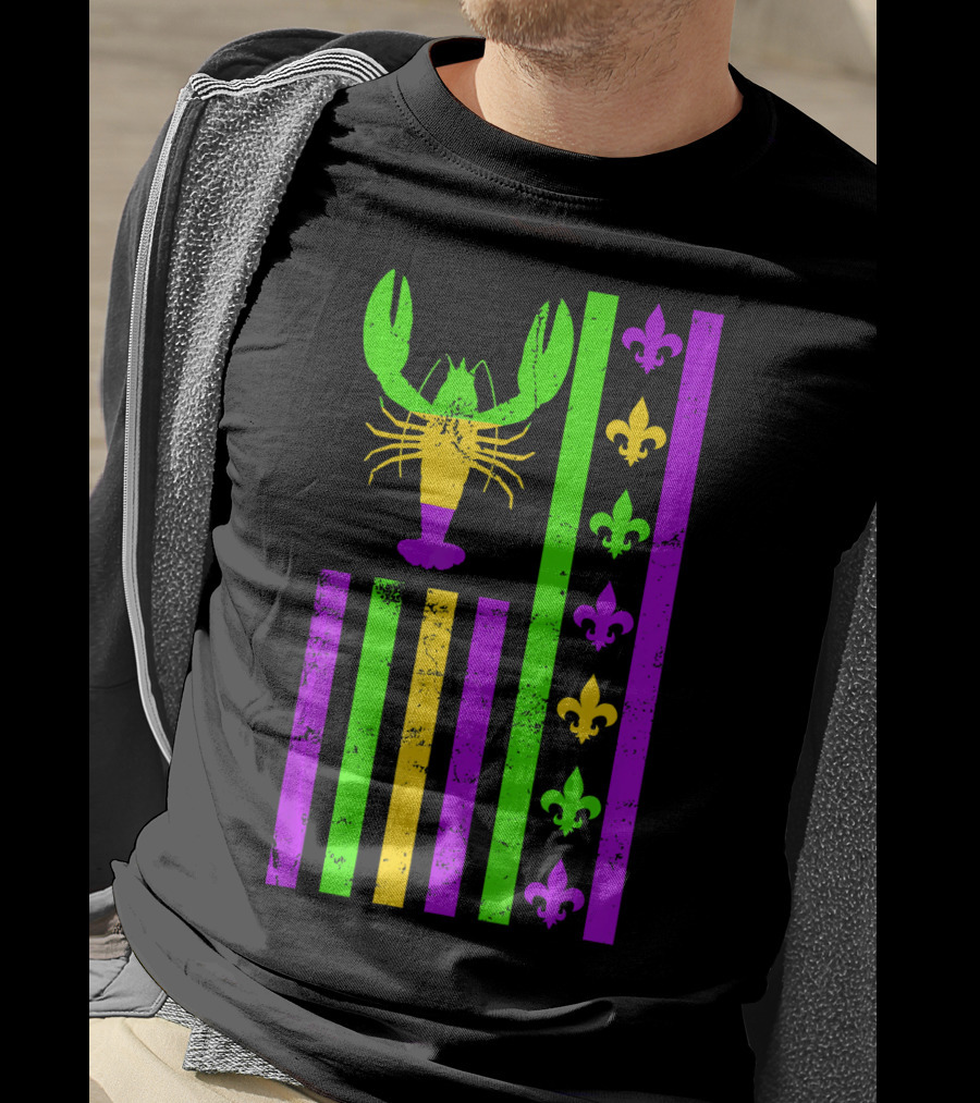 American Flag Mardi Gras Crawfish Fleur-de-Lis Stripes T-Shirt