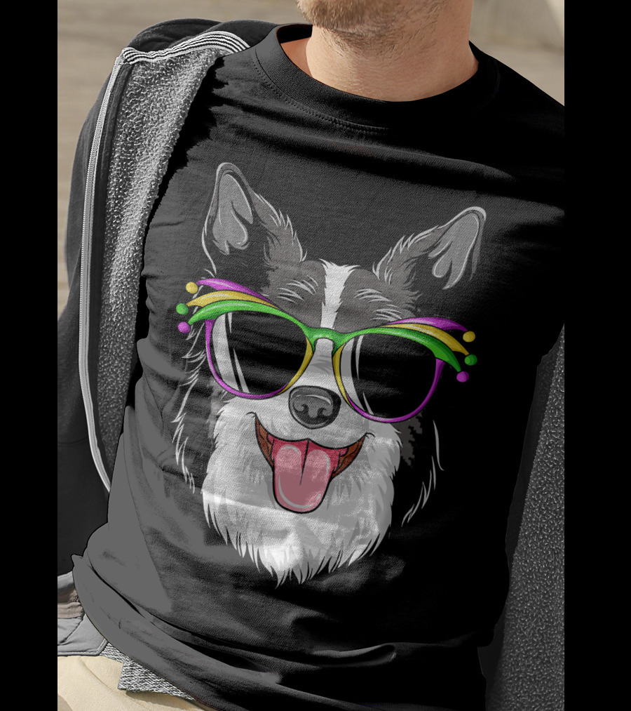 Collie Wearing Mardi Gras Carnival Mask With Colorful Glasses T-Shirt