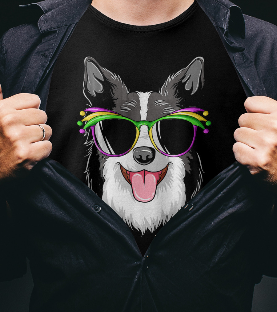 Collie Wearing Mardi Gras Carnival Mask With Colorful Glasses T-Shirt