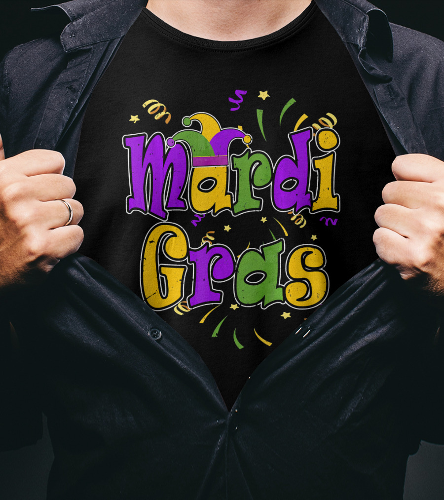 Mardi Gras Colorful Celebration Letters And Decorations T-Shirt