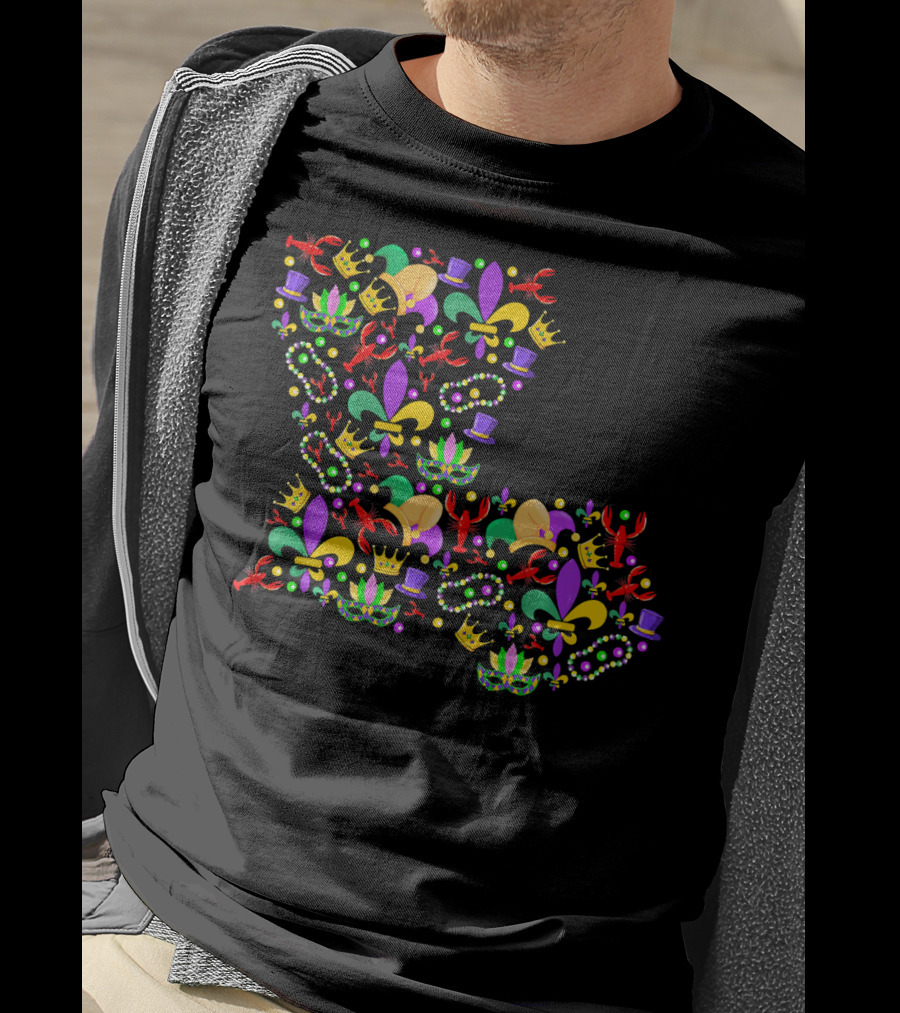 Mardi Gras Crawfish Fleur-de-Lis Beads Crowns Louisiana Map T-Shirt
