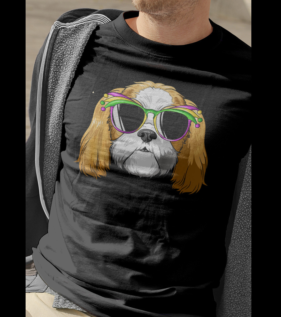 Shih Tzu Wearing Colorful Mardi Gras Carnival Mask Glasses T-Shirt