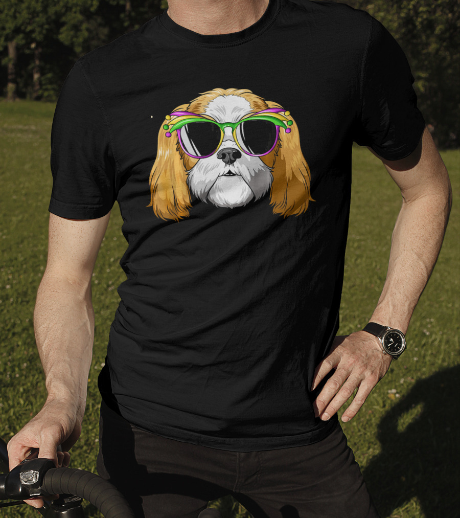 Shih Tzu Wearing Colorful Mardi Gras Carnival Mask Glasses T-Shirt