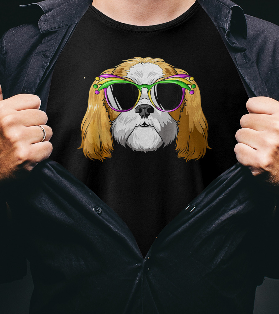 Shih Tzu Wearing Colorful Mardi Gras Carnival Mask Glasses T-Shirt
