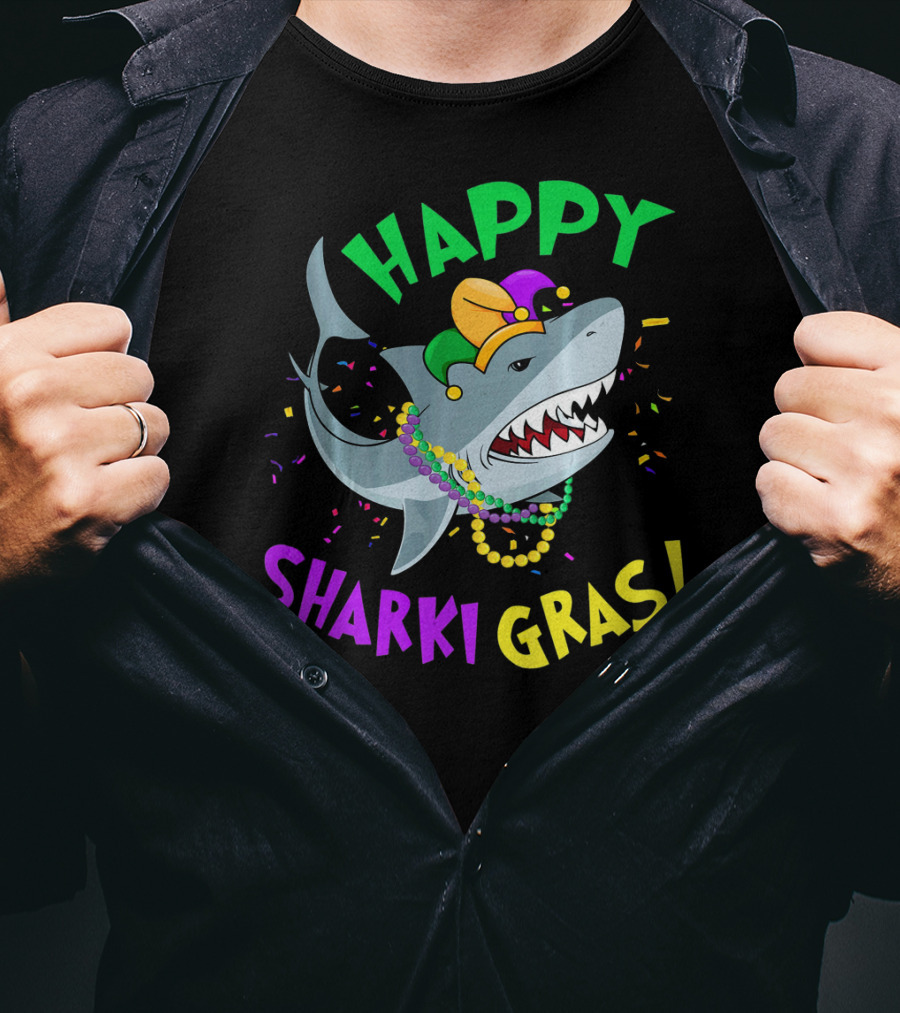Happy Sharki Gras Mardi Gras Shark With Beads And Jester Hat T-Shirt