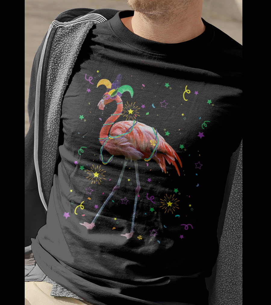 Flamingo Mardi Gras Carnival Festival Celebration With Jester Hat And Beads T-Shirt