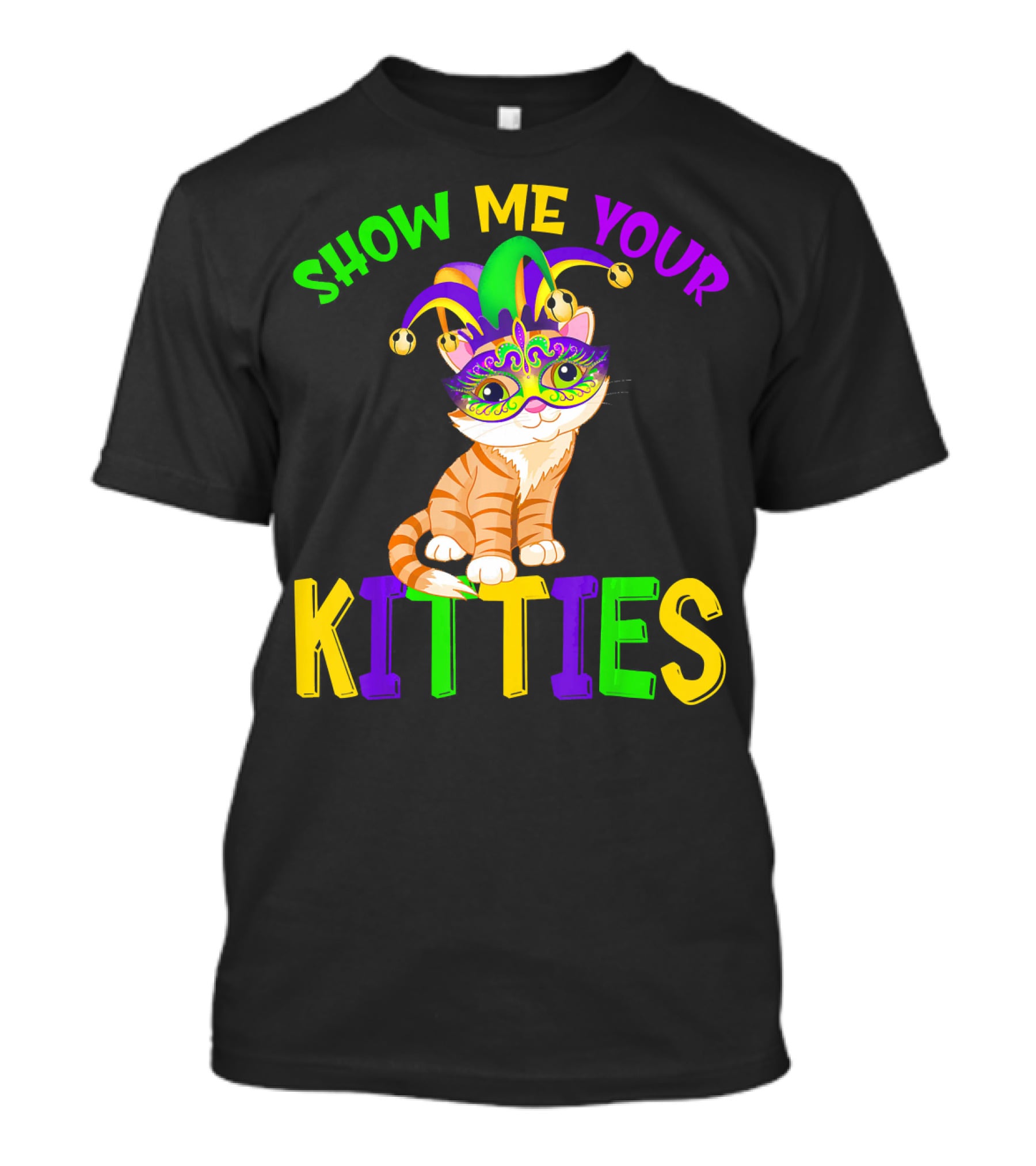Show Me Your Kitties Cat Lover Jester Mask With Colorful Juggling Hat And Orange Tabby T-Shirt