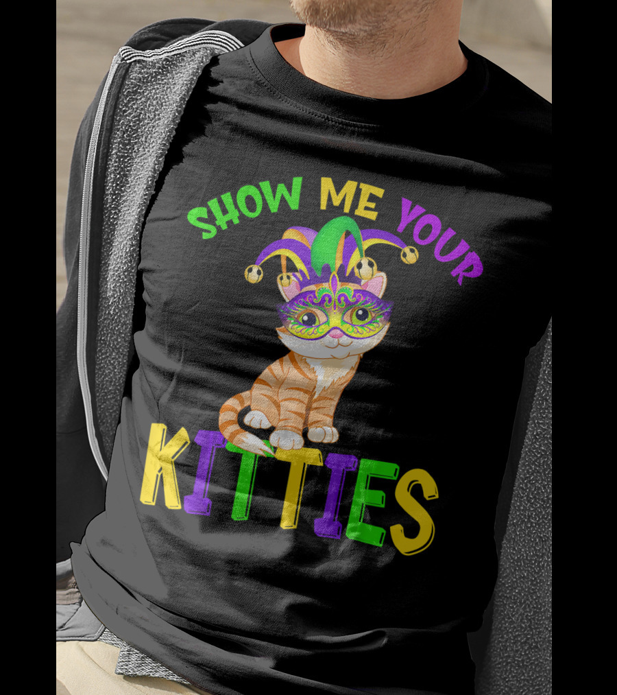 Show Me Your Kitties Cat Lover Jester Mask With Colorful Juggling Hat And Orange Tabby T-Shirt