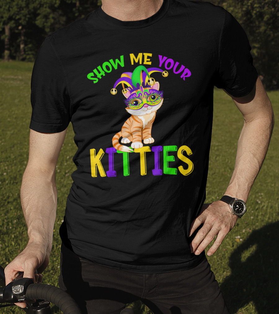 Show Me Your Kitties Cat Lover Jester Mask With Colorful Juggling Hat And Orange Tabby T-Shirt