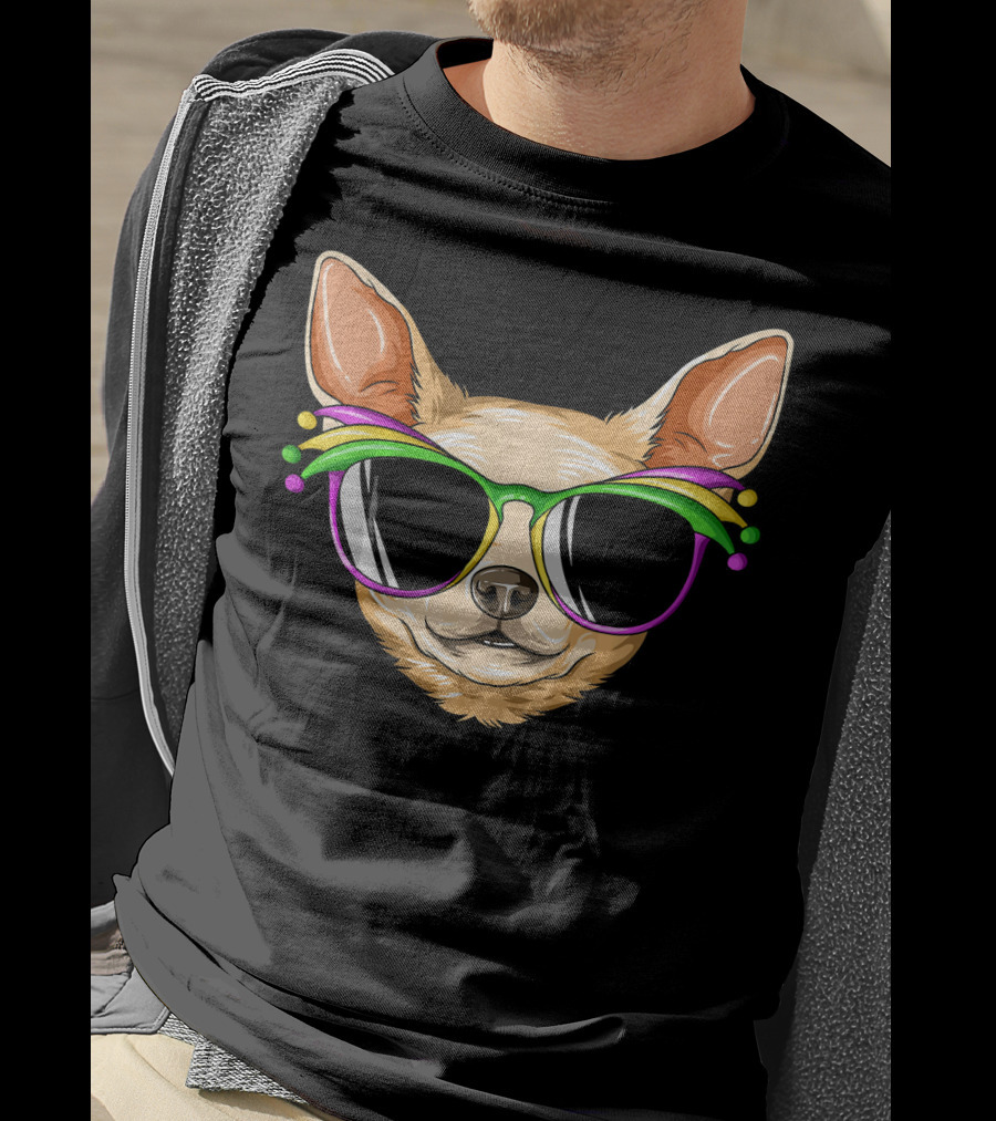 Chihuahua Mardi Gras Carnival Mask Sunglasses T-Shirt