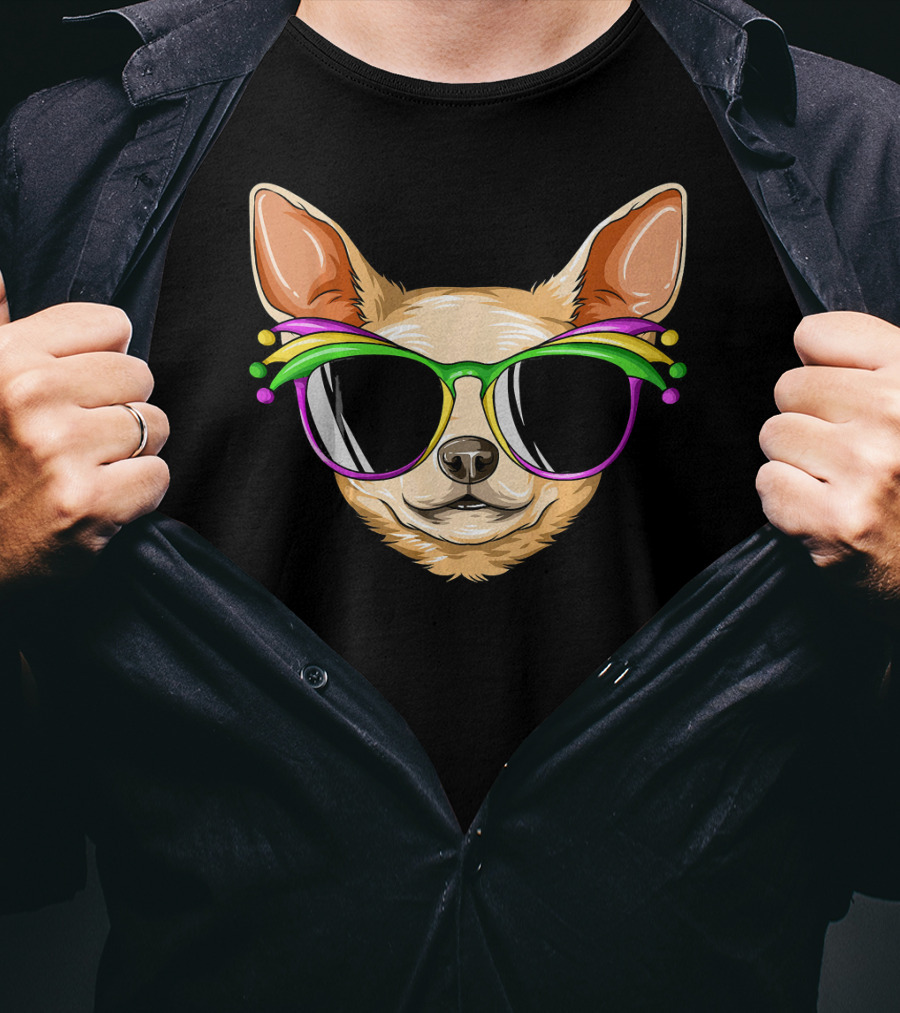 Chihuahua Mardi Gras Carnival Mask Sunglasses T-Shirt