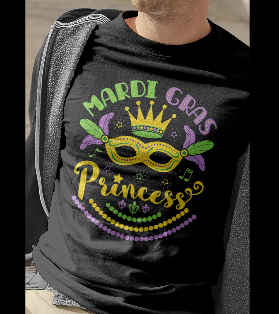 Mardi Gras Princess Crown Mask Beads Fleur-de-Lis Feathers Carnival T-Shirt