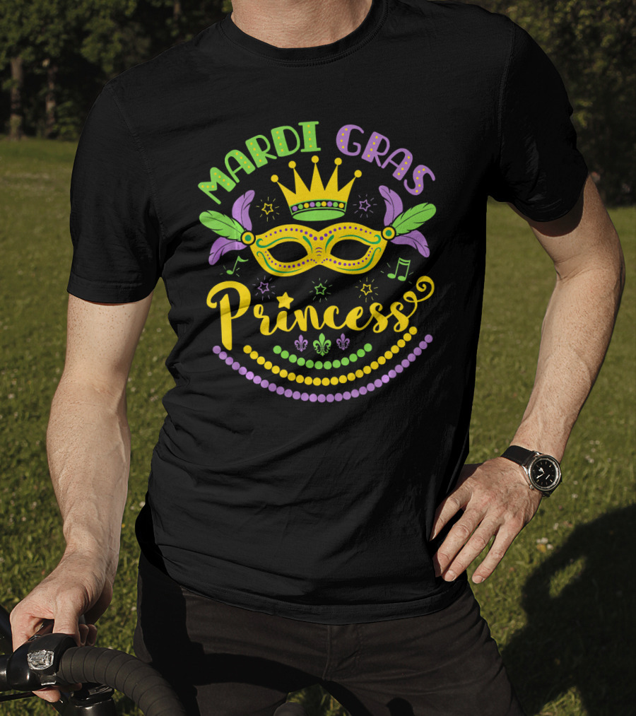 Mardi Gras Princess Crown Mask Beads Fleur-de-Lis Feathers Carnival T-Shirt