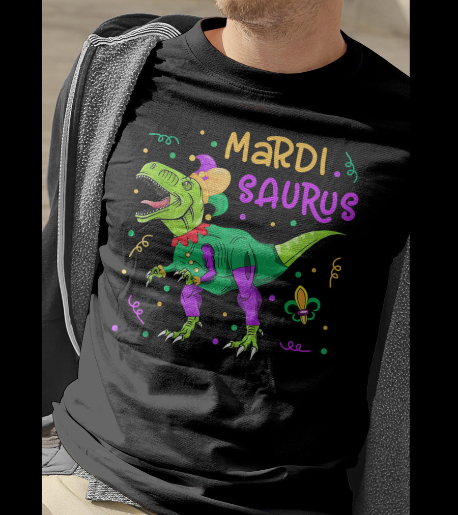 Mardisaurus Rex Dinosaur Mardi Gras Beads Jester Hat Fleur-de-Lis T-Shirt