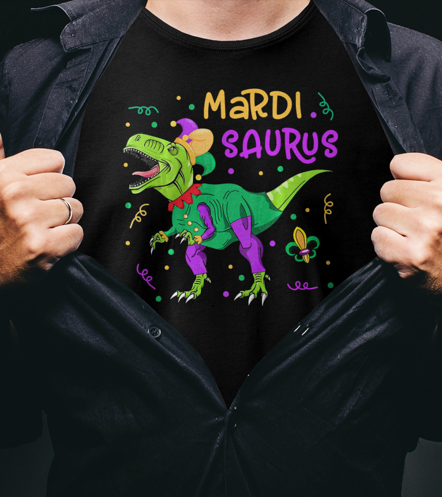 Mardisaurus Rex Dinosaur Mardi Gras Beads Jester Hat Fleur-de-Lis T-Shirt