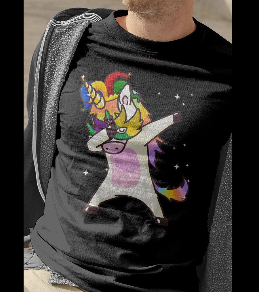 Mardi Gras Dabbing Unicorn Jester Mask Party T-Shirt