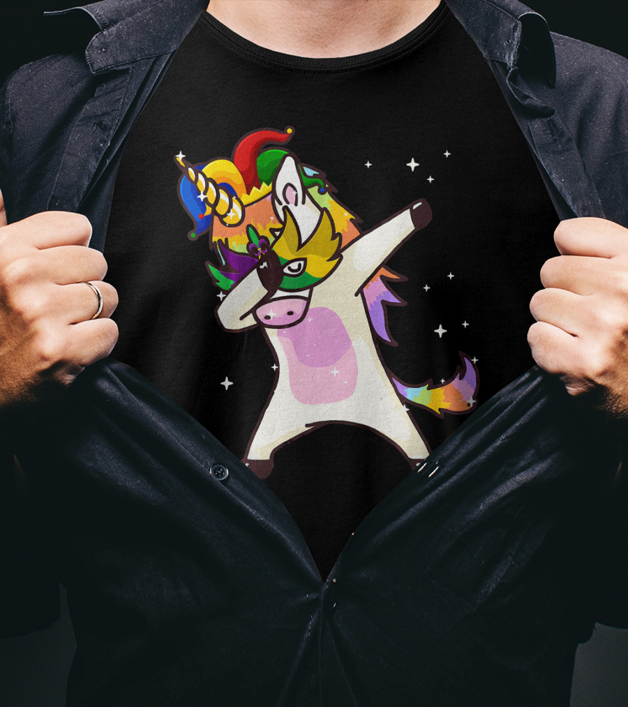 Mardi Gras Dabbing Unicorn Jester Mask Party T-Shirt