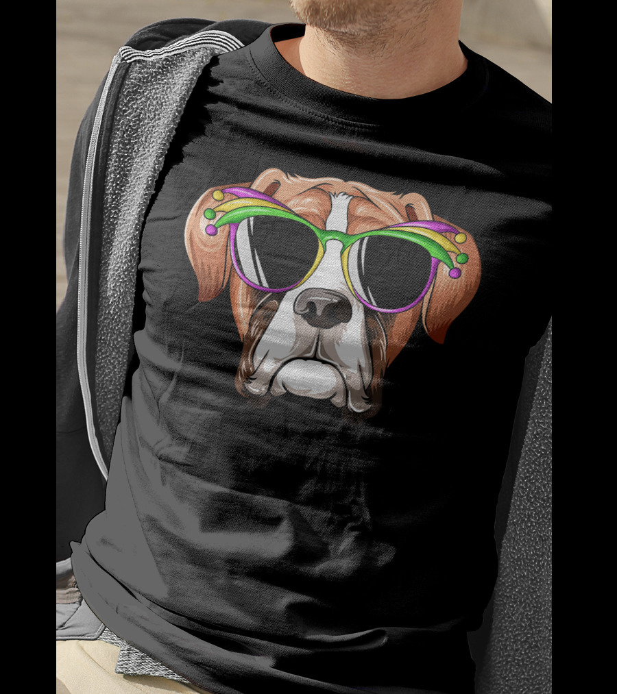 Boxer Dog Mardi Gras Jester Glasses Carnival Mask T-Shirt