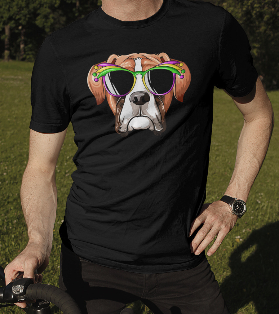 Boxer Dog Mardi Gras Jester Glasses Carnival Mask T-Shirt