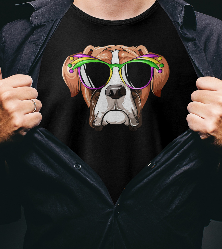 Boxer Dog Mardi Gras Jester Glasses Carnival Mask T-Shirt