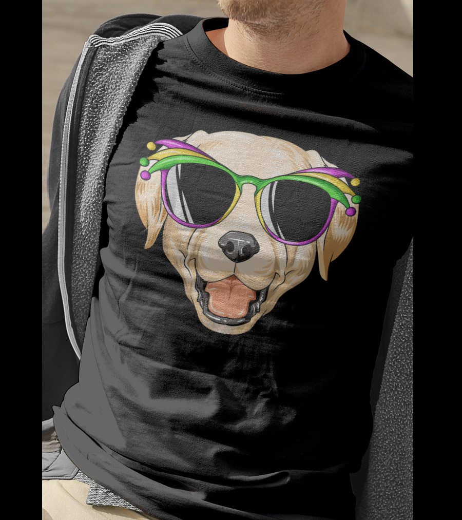 Labrador Dog With Mardi Gras Jester Carnival Mask Glasses T-Shirt