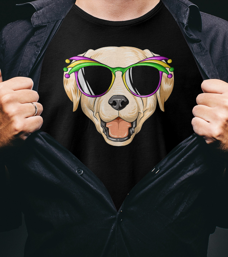 Labrador Dog With Mardi Gras Jester Carnival Mask Glasses T-Shirt