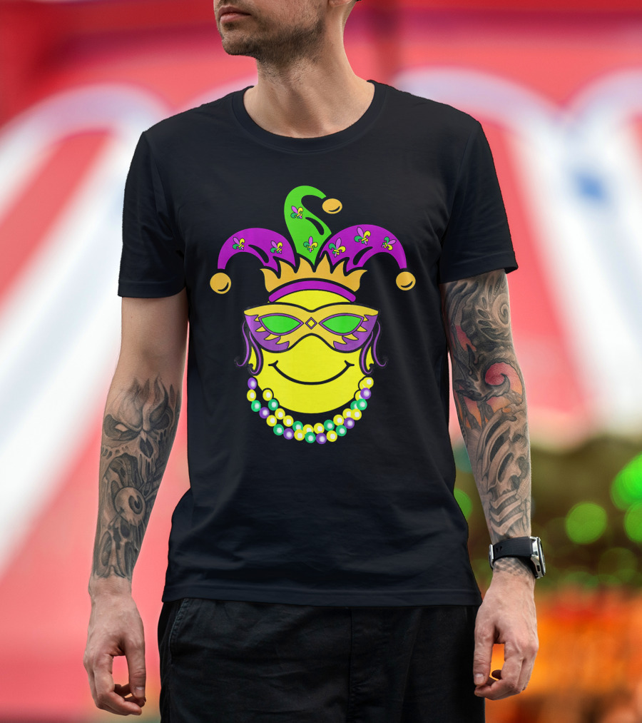 Mardi Gras Emoji Jester Mask Fleur-de-Lis Beads Funny Mardi Gras Lover T-Shirt
