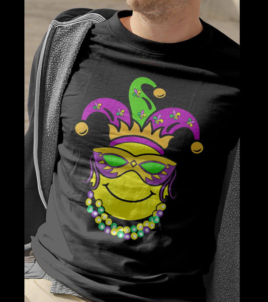 Mardi Gras Emoji Jester Mask Fleur-de-Lis Beads Funny Mardi Gras Lover T-Shirt