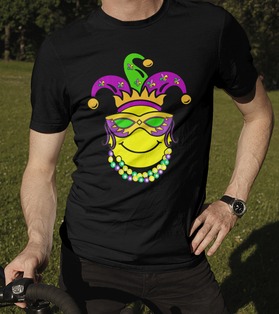 Mardi Gras Emoji Jester Mask Fleur-de-Lis Beads Funny Mardi Gras Lover T-Shirt