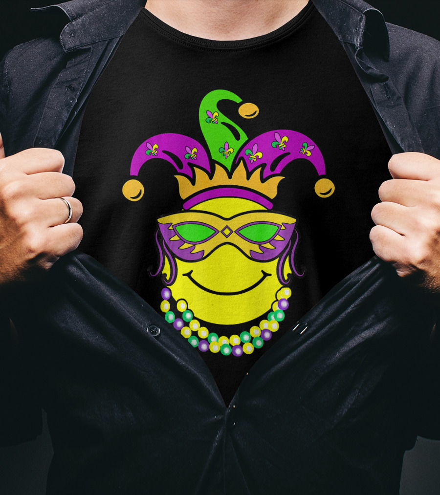 Mardi Gras Emoji Jester Mask Fleur-de-Lis Beads Funny Mardi Gras Lover T-Shirt