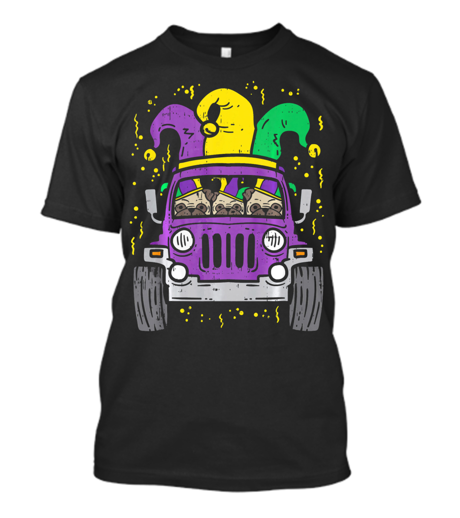 Mardi Gras Jester Pug Dogs In Purple Car T-Shirt