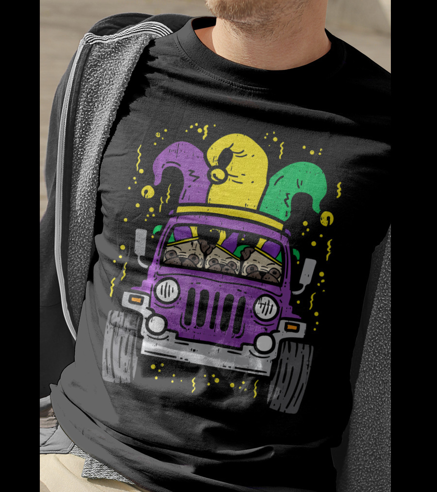 Mardi Gras Jester Pug Dogs In Purple Car T-Shirt