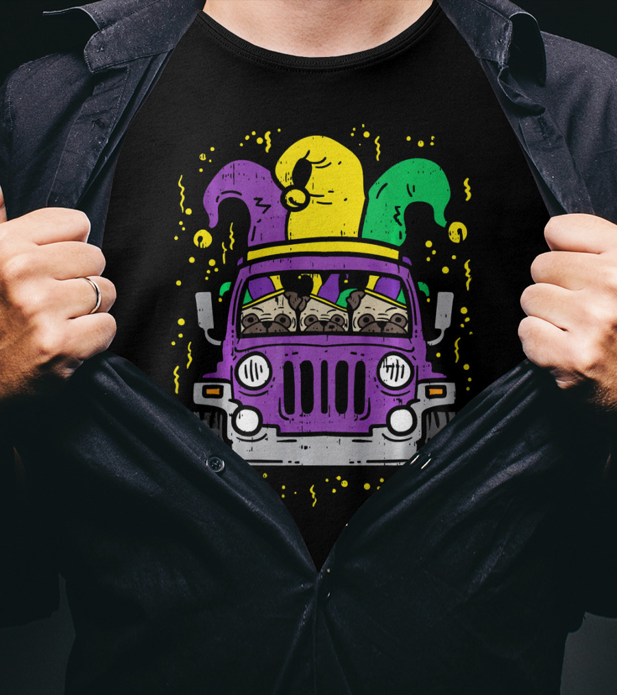 Mardi Gras Jester Pug Dogs In Purple Car T-Shirt