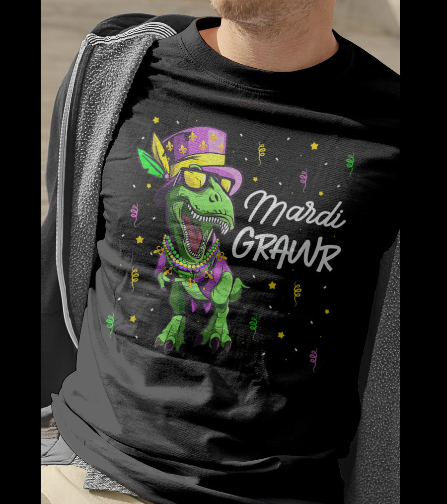 Mardi Grawr T-Rex Dinosaur Mardi Gras Beads And Hat T-Shirt