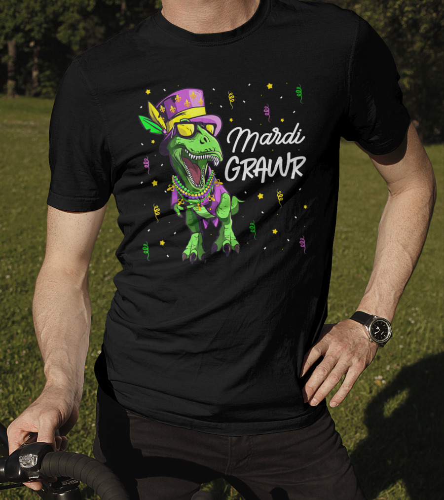 Mardi Grawr T-Rex Dinosaur Mardi Gras Beads And Hat T-Shirt